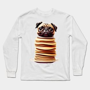 Cute Pug on Pancakes - Adorable Pug Head on Stack of Pancakes T-Shirt Long Sleeve T-Shirt